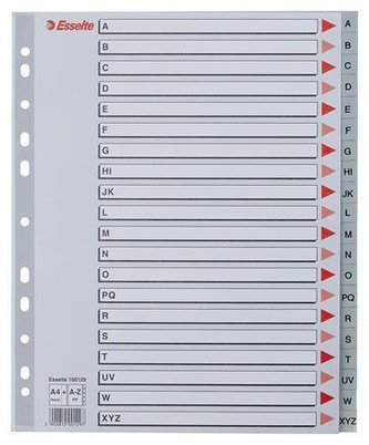 Barevné rejstříky, šedá, A4 Maxi, plast, A-Z, ESSELTE