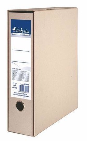 Pákový pořadač s obalem, přírodní, 75 mm, A4, karton, VICTORIA