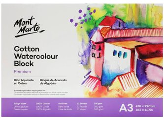 Mont Marte blok akvarelového papíru Premium, 100% bavlna, 300g/m2, A3, č.0130, 12 listů