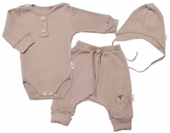 Baby Nellys 3-dílná žebrovaná soupr. Hand Made, body, tepláčky a čepička, béžová, vel. 62; 62 (2-3m)