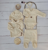 Sada do porodnice 4D, žebrovaná, body, polodupačky, kabátek a čepička, ecru, vel. 56; 56 (1-2m)