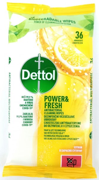 Dettol Power & Fresh citron antibakteriální ubrousky na povrchy 36 ks