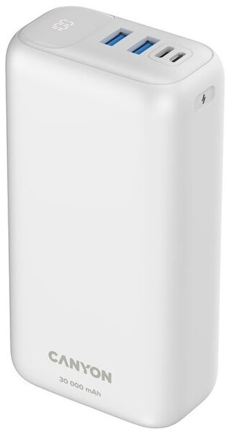 CANYON powerbanka PB-301, 30000mAh Li-poly QC 3.0&PD 20W, display, In USB-C + micro USB, Out 1x USB-C + 2x USB-A, bílá