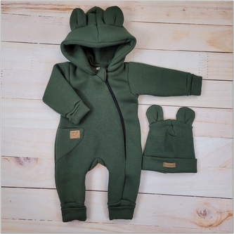 Oteplený dětský overal bez šlapek s kapucí + čepička, 2D, khaki, vel. 68; 68 (3-6m)