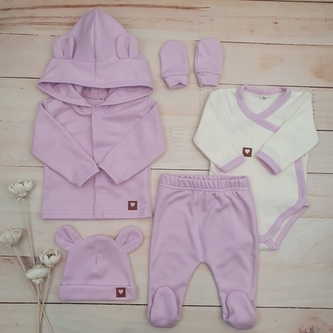 Sada do porodnice 5D, body, polodupačky, kabátek, čepička, rukavičky, lila, vel. 56; 56 (1-2m)