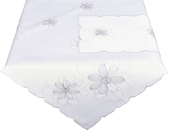 Ubrus celoroční, Stříbrno šedé květy vyšívané, bílý 35 x 35 cm