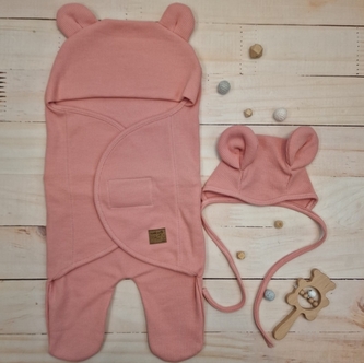 Univerzální zavinovačka, zavinovací deka + čepička, Medvídek, bavlna, růžová, 56/62; 56/62 (0-3m)