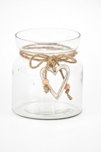 Skleněný svícen s kovovým srdíčkem 12x9,8 cm II. jakost