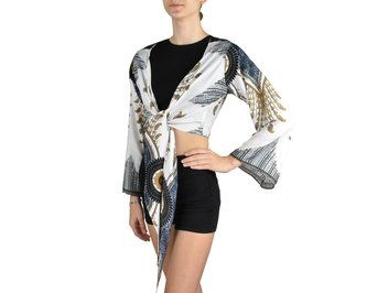 Bolerko SAURA, bílé, paví pera, zlatomodrošedé