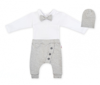 Baby Nellys 3-dílná sada Hubert, body s motýlkem, tepláčky a čepička - šedý, vel. 62; 62 (2-3m)