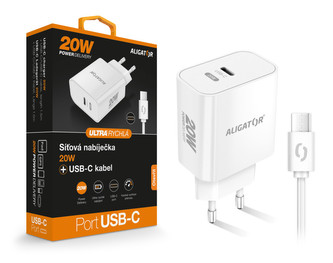 Chytrá síťová nabíječka ALIGATOR Power Delivery 20W USB-C, USB-C/USB-C kabel, bílá