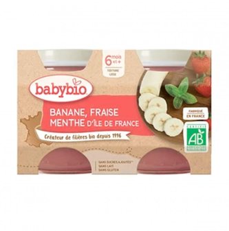 BABYBIO - ovocná svačinka jablko, banán a jahody s mátou 2x130 g