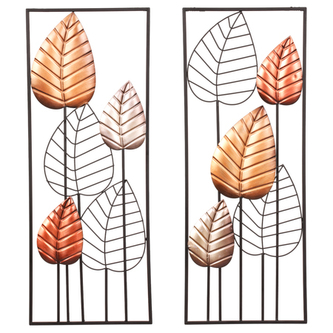 Nástěnná kovová dekorace  - listy v rámečku, cena za sadu 2 ks.