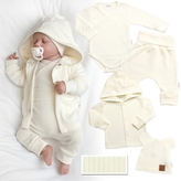 Žebrovaná rostoucí souprava 4D, zavin. body, kalhoty, kabátek a čepička, smetanová; 50/56 (0-2m)