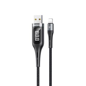 Remax kabel USB - Lightning nabíjecí kabel s displejem, měřič proudu 2,1 A 1,2 m vestavěný časovač nabíjení černý (RC-096i černý)