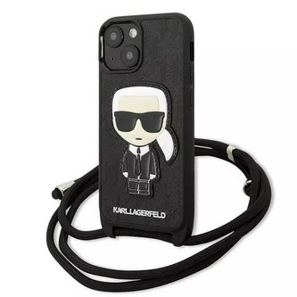 Ochranné pouzdro na telefon Karl Lagerfeld KLHCP13SCMNIPK pro Apple iPhone 13 Mini 5,4" hardcase černá/černá kožená záplata a šňůrka s monogramem Iconik Ochranné pouzdro na telefon Karl Lagerfeld KLHCP13SCMNIPK pro Apple iPhone 13 Mini 5,4" hardcase černá/černá kožená záplata a šňůrka s monogramem Iconik