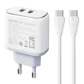 Nástěnná nabíječka LDNIO A2528C 2USB-C 35W + kabel USB-C - USB-C