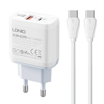 Nástěnná nabíječka LDNIO A2421C USB, USB-C 22,5W + kabel USB-C - USB-C