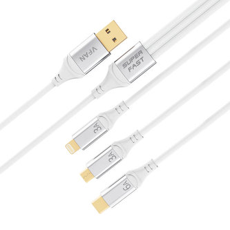 USB kabel Vipfan X15 3 v 1 USB-C / Lightning / Micro 66W 1,2 m, pozlacený (bílý)
