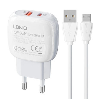 Nástěnná nabíječka LDNIO A2313C USB, USB-C 20W + kabel MicroUSB