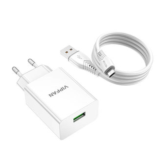 Nástěnná nabíječka Vipfan E03, 1x USB, 18W, QC 3.0 + kabel Micro USB (bílá)
