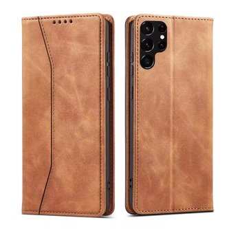 Magnet Fancy Case Case pro Samsung Galaxy S22 Ultra Cover Card Wallet Card Stand Card Brown