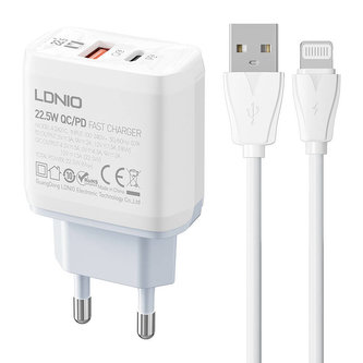 Nástěnná nabíječka LDNIO A2421C USB, USB-C 22,5 W + kabel Lightning