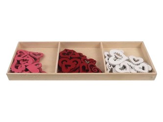 Dekorace dřevo 48 ks 37x34/25x25mm srdíčko,červená, bílá, růžová