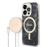 Guess Bundle Pack MagSafe IML Marble - sada pouzdra pro iPhone 14 Pro + nabíječka MagSafe (černá/zlatá)
