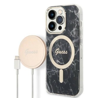 Guess Bundle Pack MagSafe IML Marble - sada pouzdra pro iPhone 14 Pro + nabíječka MagSafe (černá/zlatá) Guess Bundle Pack MagSafe IML Marble - sada pouzdra pro iPhone 14 Pro + nabíječka MagSafe (černá/zlatá)