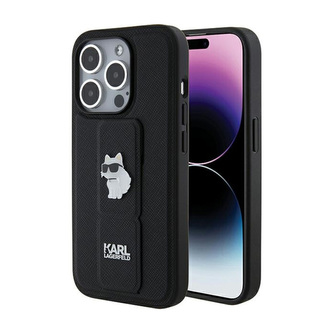 Karl Lagerfeld Gripstand Saffiano Choupette Pins - pouzdro iPhone 15 Pro (černé)