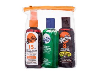 Malibu Dry Oil Spray suchý olej na opalování SPF15 100 ml + bronzující olej na opalování SPF8 100 ml + gel po opalování Aloe Vera 100 ml
