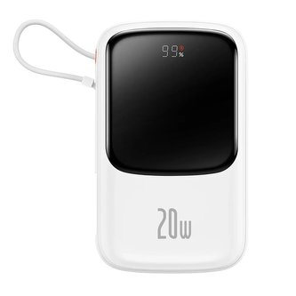 Powerbanka s rychlým nabíjením Baseus Qpow Digital Display 10000mAh 20W QC/PD/SCP/FCP s vestavěným Lightning kabelem bílá