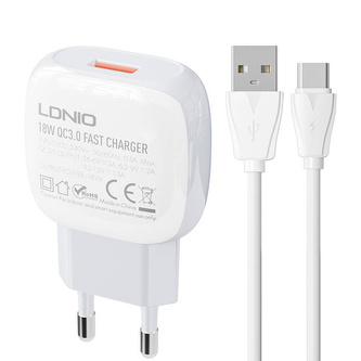 Nástěnná nabíječka LDNIO A1306Q 18 W + kabel USB-C