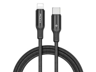 Kabel 1m Rock, R2 USB-C nylonová šňůra - Lightning PD Fast 2.4A černá