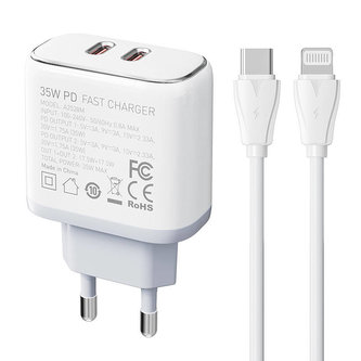 Nástěnná nabíječka LDNIO A2528C 2USB-C 35W + kabel USB-C - Lightning