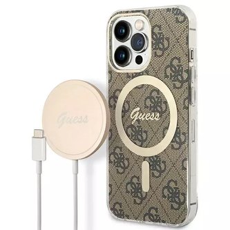 Nabíječka pouzdra Zestaw Guess GUBPP13LH4EACSW iPhone 13 Pro brązowy/hnědé pevné pouzdro 4G MagSafe Print