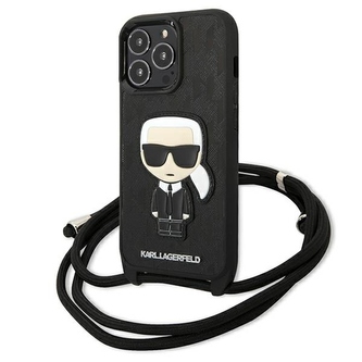 Karl Lagerfeld Leather Monogram Patch and Cord Iconik  - kryt pro iPhone 13 Pro (černý)