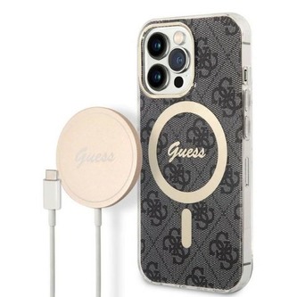 Guess Bundle Pack MagSafe 4G - sada pouzdra pro iPhone 13 Pro + nabíječka MagSafe (černá/zlatá) Guess Bundle Pack MagSafe 4G - sada pouzdra pro iPhone 13 Pro + nabíječka MagSafe (černá/zlatá)