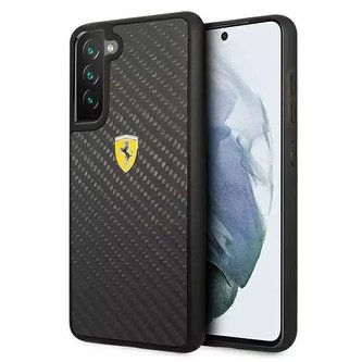 Pevné pouzdro Ferrari pro Samsung Galaxy S21 FE černo/černé pevné pouzdro On Track Real Carbon