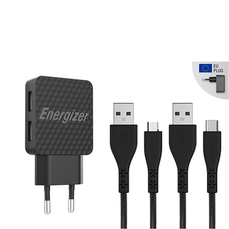 Energizer HardCase - 2x USB-A 12W síťová nabíječka + USB-C a Micro USB kabel (černá)