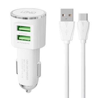 Nabíječka do auta LDNIO DL-C29, 2x USB, 3,4A + kabel USB-C (bílá)