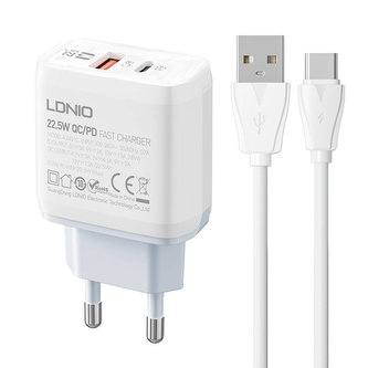 Nástěnná nabíječka LDNIO A2421C USB, USB-C 22,5W + kabel USB-C