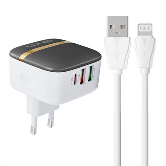 Nástěnná nabíječka LDNIO A3513Q 2USB, USB-C 32W + kabel Lightning