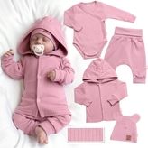 Žebrovaná rostoucí souprava 4D, zavin. body, kalhoty, kabátek a čepička, pudrová,vel.62/68; 62-68 (3-6m)