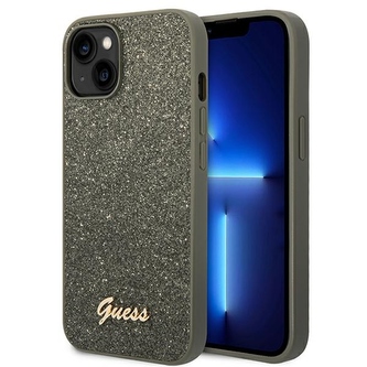 Guess Glitter Flakes Metal Logo Case - pouzdro pro iPhone 14 Plus (zelené)