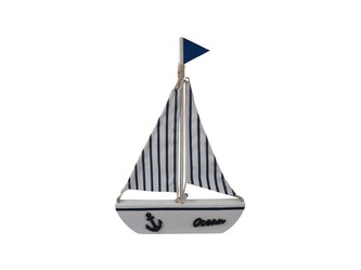 Dekorace dřevo 210x310mm lodička na postavení, bílá, modrá