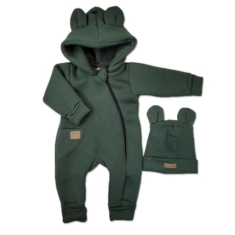 Oteplený dětský overal bez šlapek s kapucí + čepička, 2D, khaki; 56 (1-2m)