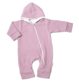 Mušelinový overálek s kapucí, dvouvrstvý, Hand Made, pudrový/růžový, vel. 62; 62 (2-3m)