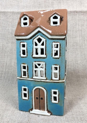 Keramický domek na čajovou svíčku, modrý 22x10,5x9 cm